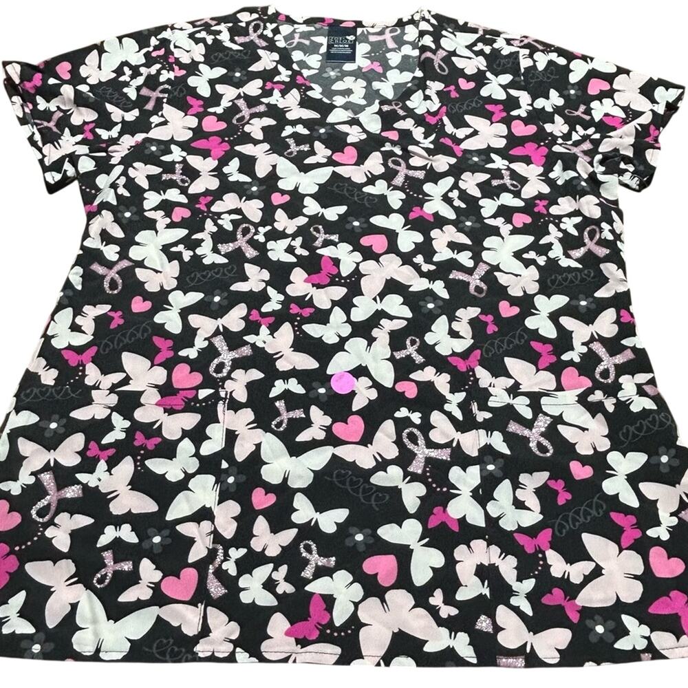 Zoe Chloe Scrub top sz medium breast cancer awareness butterfly and ribbon